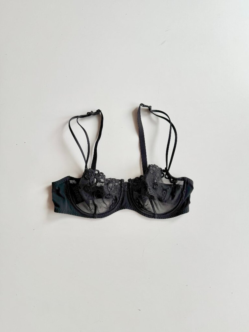 SIMONE PERELE Black Sheer Embroidered Mesh Unlined Balconette Bra, Size 34D